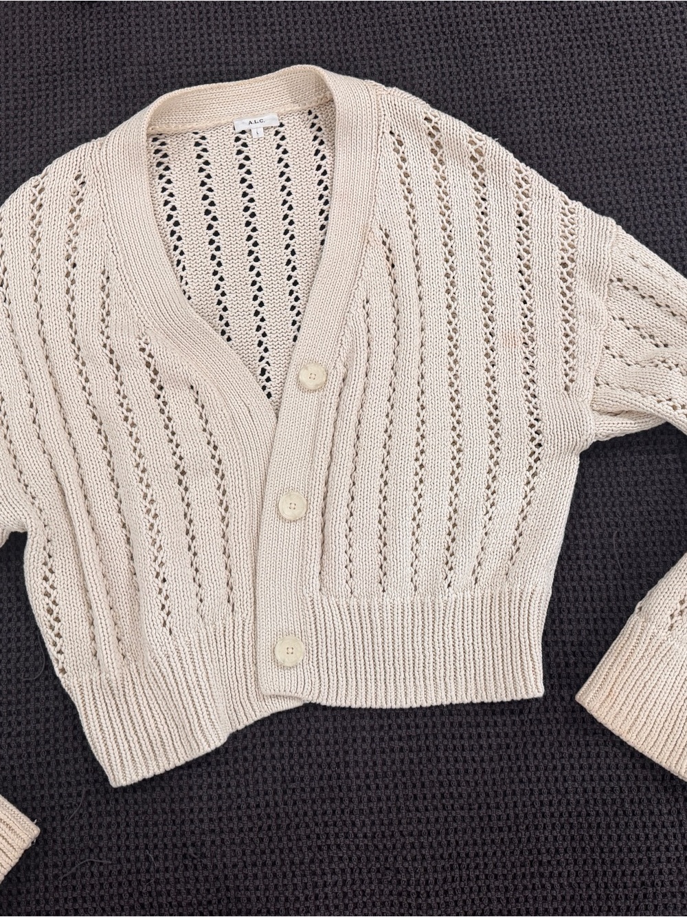 A.L.C. Open-Knit Cream V-Neck Button Cardigan